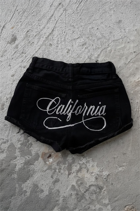 Siyah California Taşlı Y2K Mini Şort