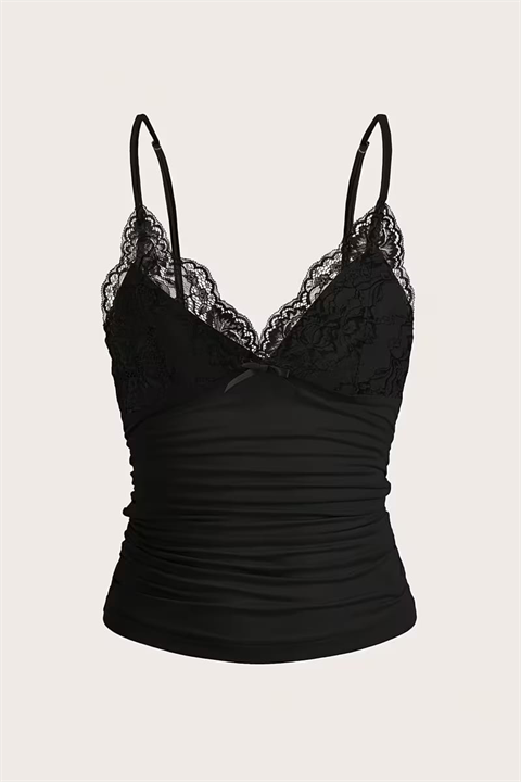 Siyah Dantel Detaylı Fiyonklu Y2K Askılı Crop