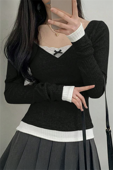 Siyah Dantelli Fiyonklu Ekli Y2K Uzun Kollu Crop