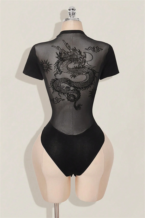 Siyah Dragon Baskılı Sırtı Tansparan Kısa Kollu Çıtçıtlı Body