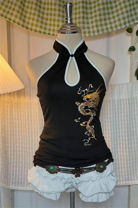 Siyah Dragon Embroidered Keyhole Harajuku Asian Y2K Askılı Crop
