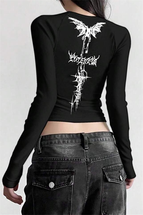 Siyah Gothic Dragon Slayer Uzun Kollu Crop