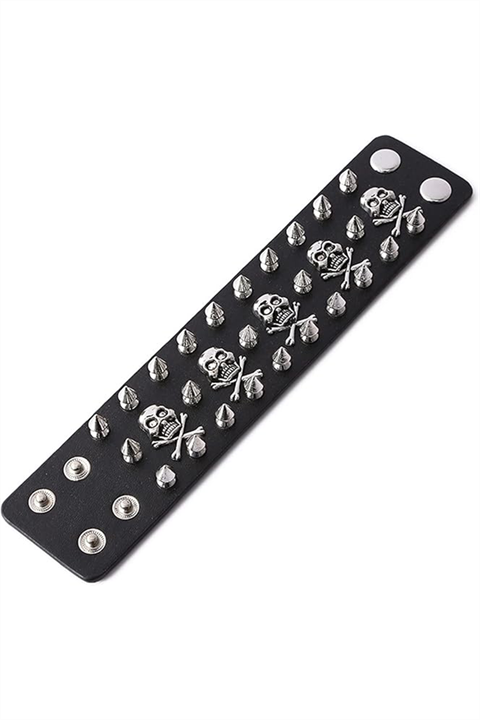Siyah Gotik 3 Şerit Skull Dikenli Detaylı Deri Bileklik
