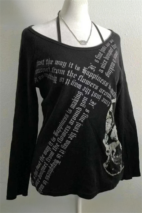 Siyah Gotik Skull Askılı Y2K Uzun Kollu Crop