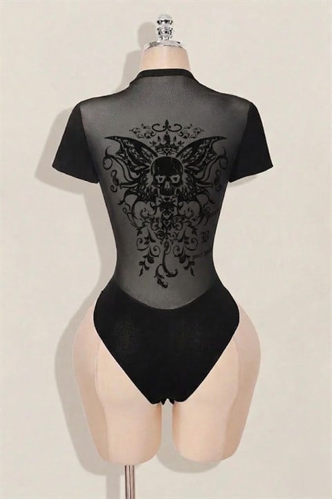 Siyah Gotik Skull Butterfly Wings Transparan Kısa Kollu Çıtçıtlı Body
