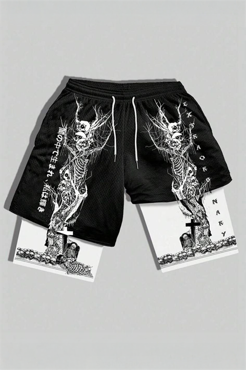 Siyah Gotik White Skeleton Cepli Şort