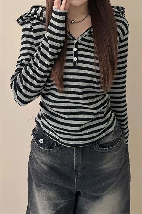 Siyah Gri Henrey Yaka Y2K Kapüşonlu Uzun Kollu Crop