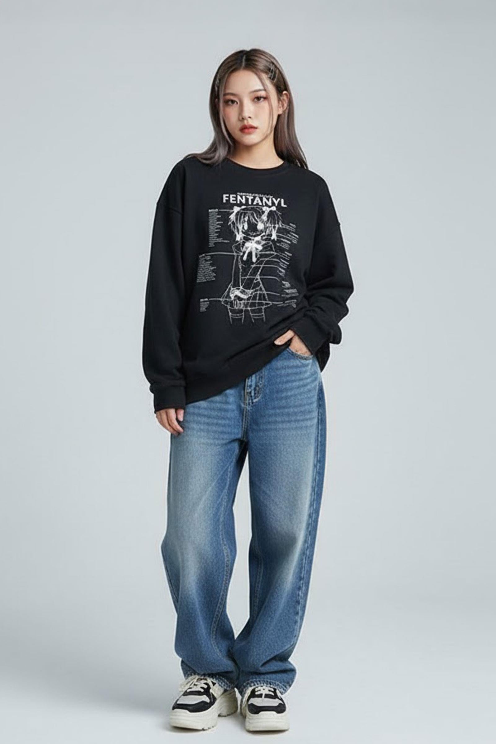 Siyah Harmful Effect Gotik Y2K İnce Kumaş Unisex Sweatshirt