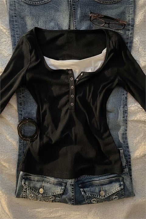 Siyah Henley Yaka Ekli Grunge Y2K Uzun Kollu Crop