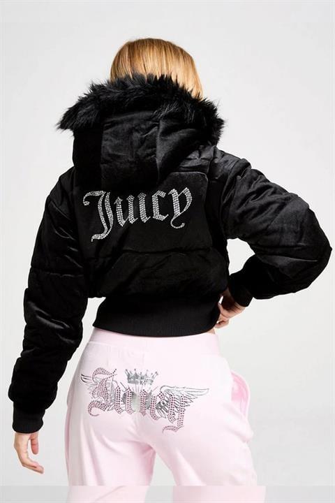 Siyah Juicy Peluş Kapüşonlu Şişme Beli Lastikli Crop Mont