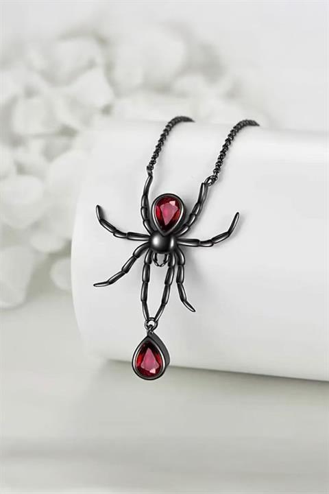 Siyah Kırmızı Damla Taşlı Gotik Spider Kolye