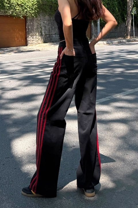 Siyah Kırmızı Üç Şeritli Y2K Unisex Baggy Pantolon