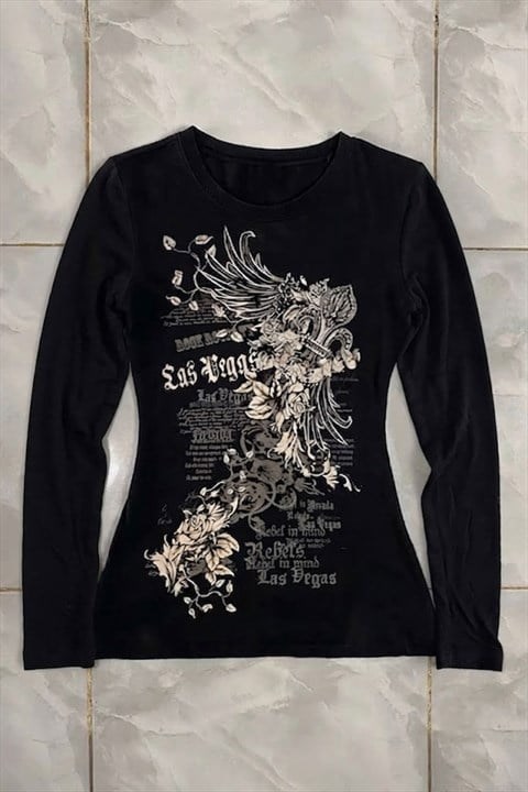 Siyah Las Vegas Rebels Grunge Y2K Uzun Kollu Crop