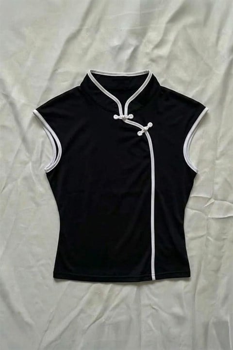 Siyah Mandarin Yaka Beyaz Şeritli Qipao Y2K Kısa Kollu Crop