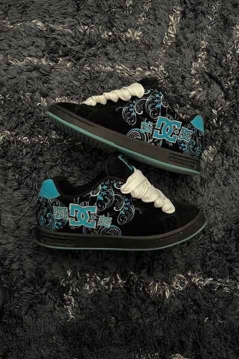 Siyah Mavi DC Shoes Baskılı Siyah Sneaker Ayakkabı