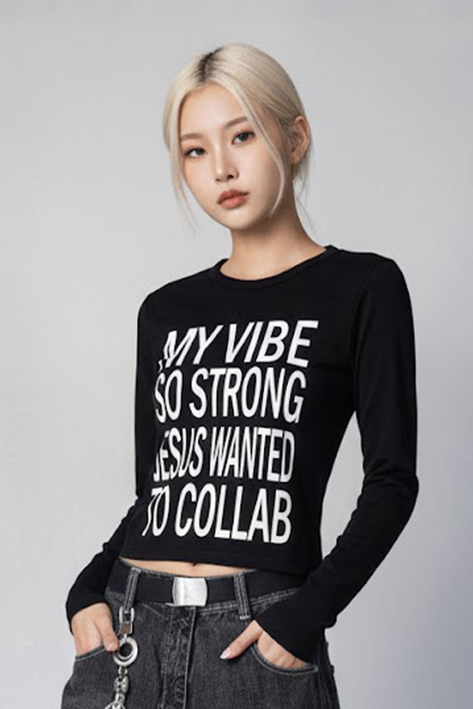 Siyah My Vibe Cross Sırt  Baskılı Y2K Uzun Kollu Crop
