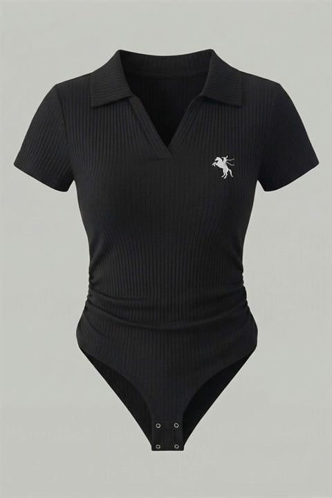 Siyah Polo Ribana Y2K Çıtçıtlı Body