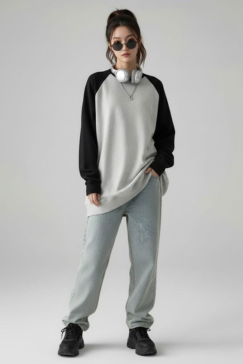 Siyah Raglan Kollu Düz Gri Melanj Oversize Unisex Uzun Kollu