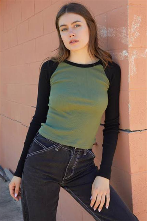 Siyah Raglan Kollu Yeşil Basic Uzun Kollu Crop