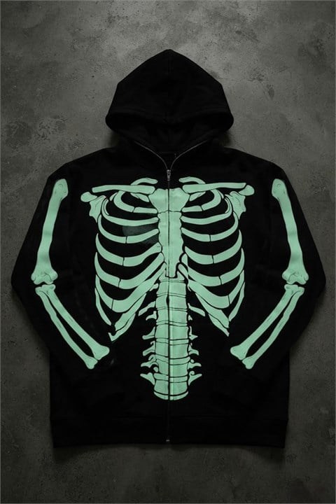Siyah Skeleton Body Fosforlu Gotik Halloween Unisex Hırka