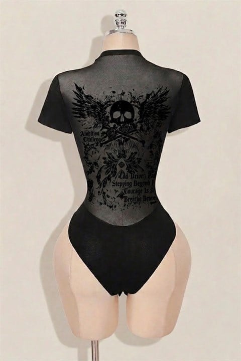 Siyah Skull Ambition Gotik Transparan Kısa Kollu Çıtçıtlı Body