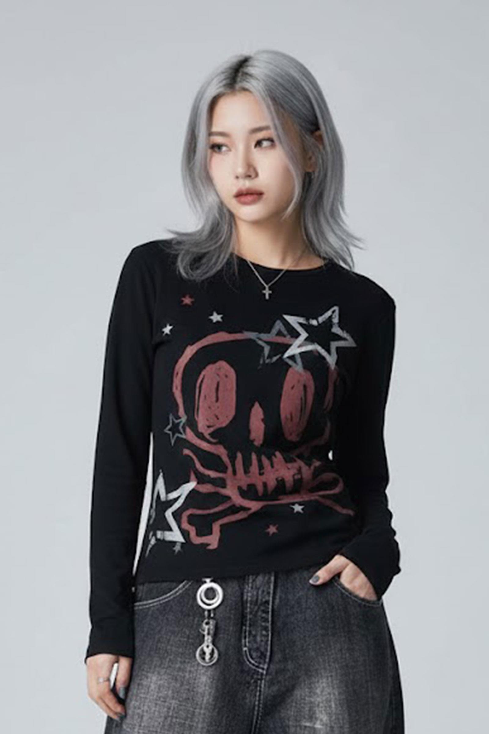 Siyah Skull Stars 2K Uzun Kollu Crop