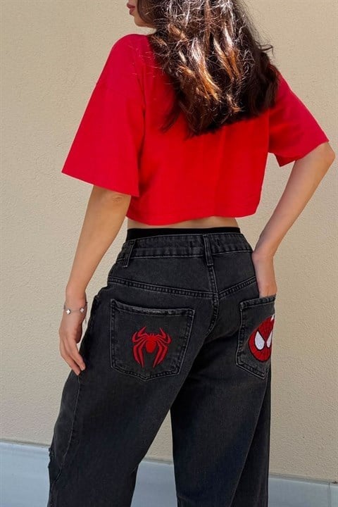 Siyah Spider Man Nakışlı Y2K Unisex Baggy Pantolon