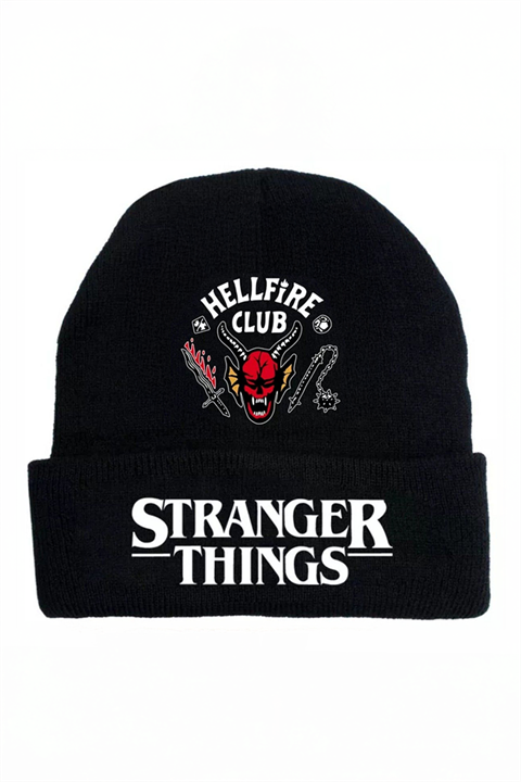 Siyah Stranger Things Hellfire Club Baskılı Bere