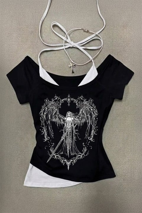 Siyah Sword Warriror Angel Madonna Yaka Ek Askılı Full Body Gotik Y2K Kısa Kollu Crop
