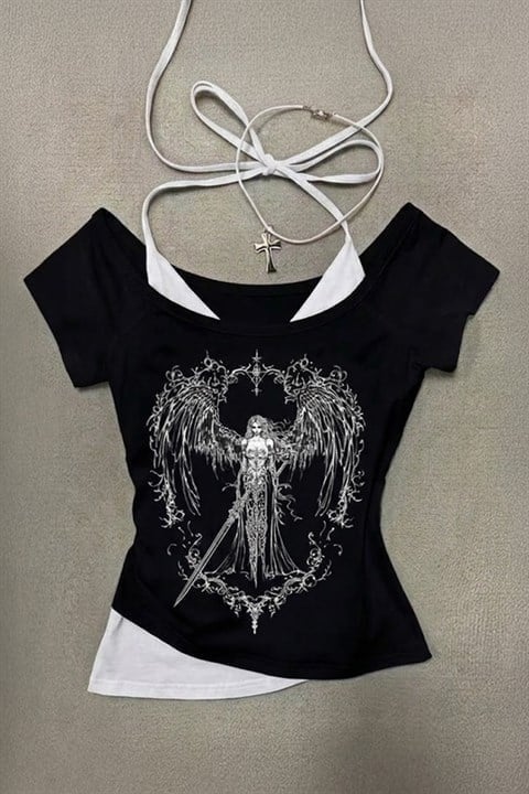 Siyah Sword Warriror Angel Madonna Yaka Ek Askılı Full Body Y2K Kısa Kollu Crop