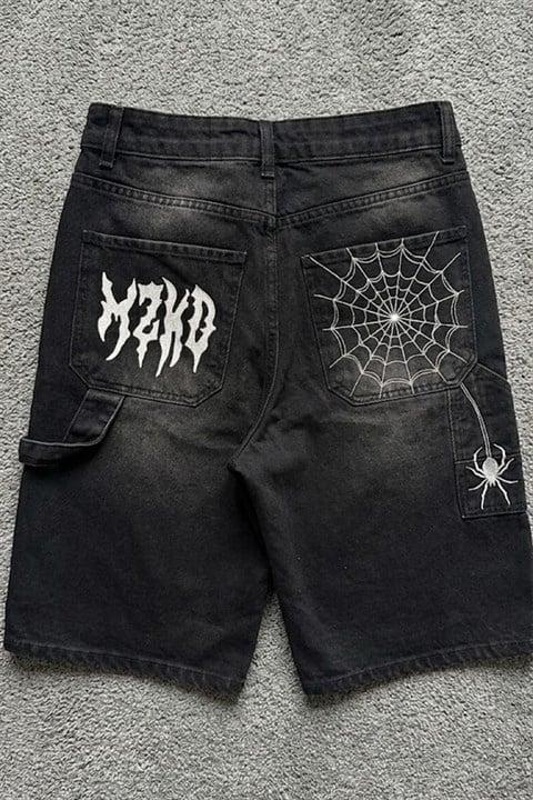 Siyah Taşlamalı Beyaz MZKD Spider Y2K Baggy Unisex Şort