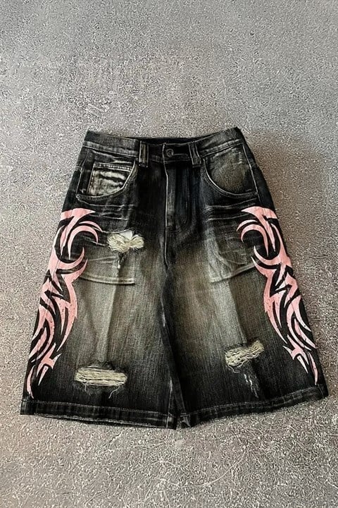 Siyah Taşlamalı Grunge Pembe Tribal Baskılı Harajuku Y2K Unisex Şort