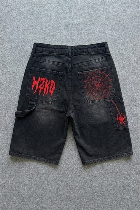Siyah Taşlamalı kırmızı MZKD Spider Y2K Baggy Unisex Şort