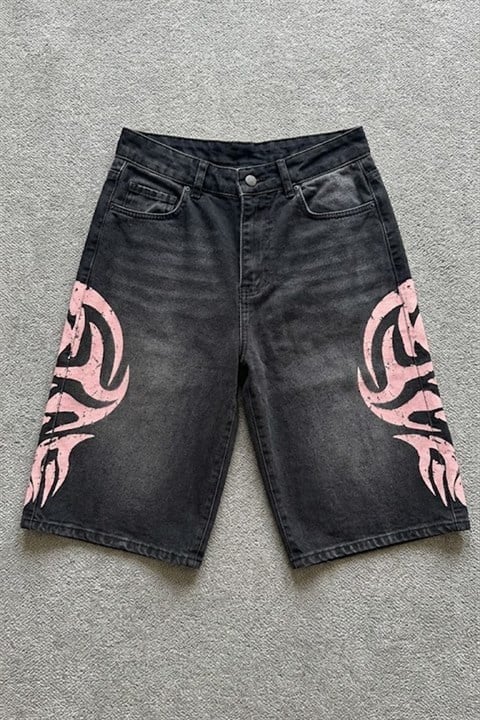 Siyah Taşlamalı Pembe Tribal Baskılı Y2K Unisex Baggy Şort