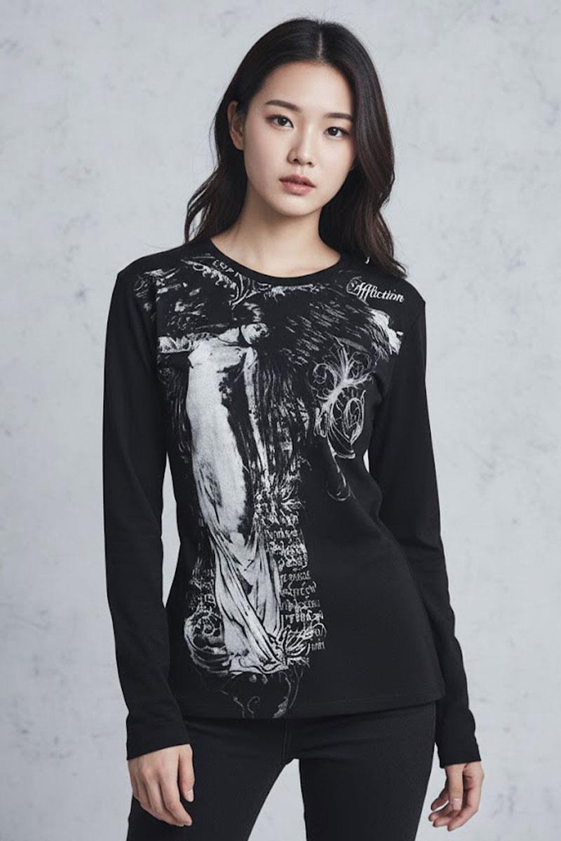 Siyah Vintage Angel Affliction Cyber Grunge Y2K Uzun Kollu Crop