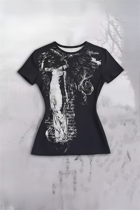 Siyah Vintage Angel Affliction Cyber Grunge Y2K Kısa Kollu Crop