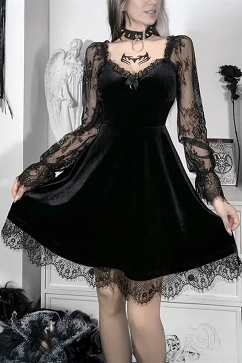 Siyah Vintage Gotik Dantel Kollu Fiyonklu Kadife Elbise