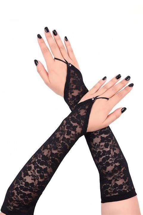 Siyah Vintage Gotik Taş Detaylı Parmaksız Uzun Eldiven
