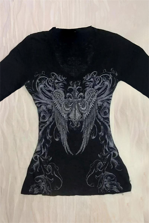 Siyah Vintage Gotik Wing Kısa Y2K Uzun Kollu Crop