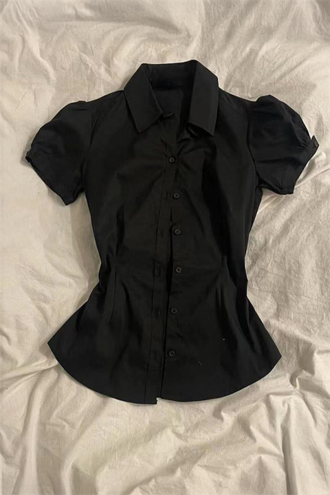 Siyah Vintage Mini Puff Sleeve Goth Y2K Kısa Kollu Gömlek