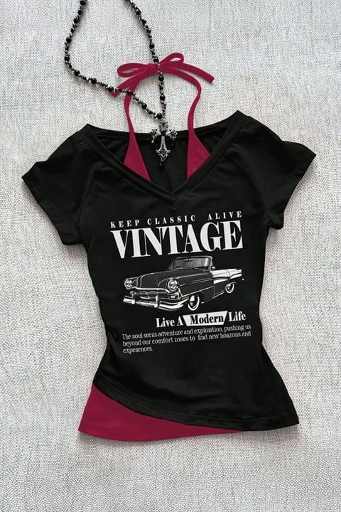 Siyah Vintage Modern Life Ek Askılı Y2K Kısa Kollu Crop