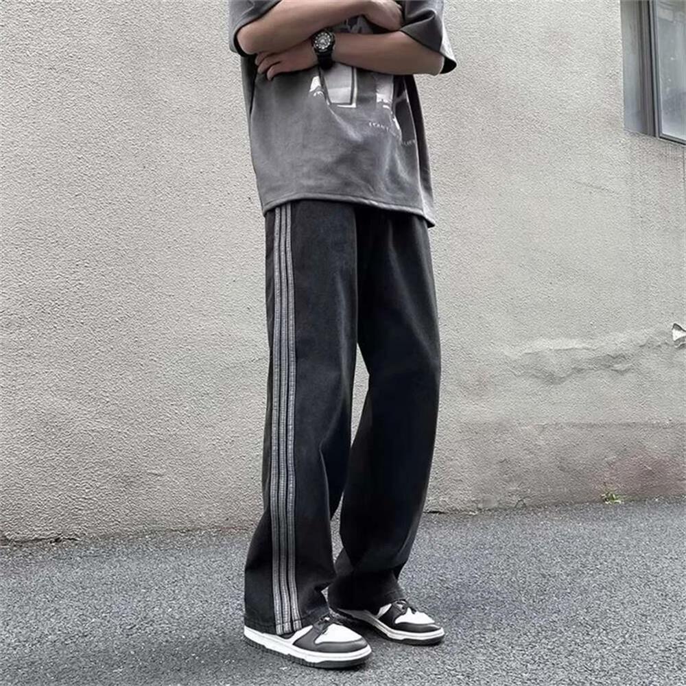 Siyah Vintage Three Lines Baggy Kot Pantolon