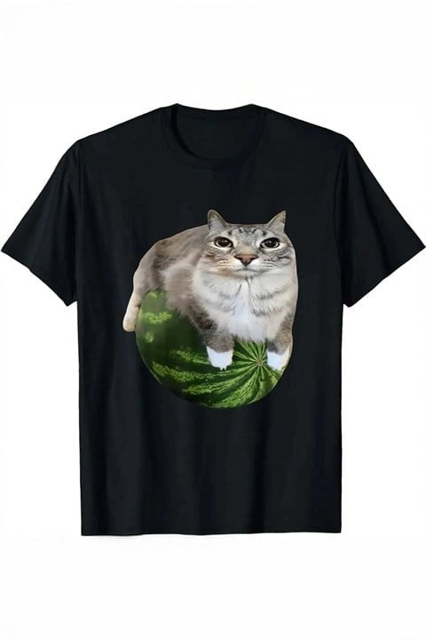 Siyah Watermelon Cat Meme Unisex T-Shirt