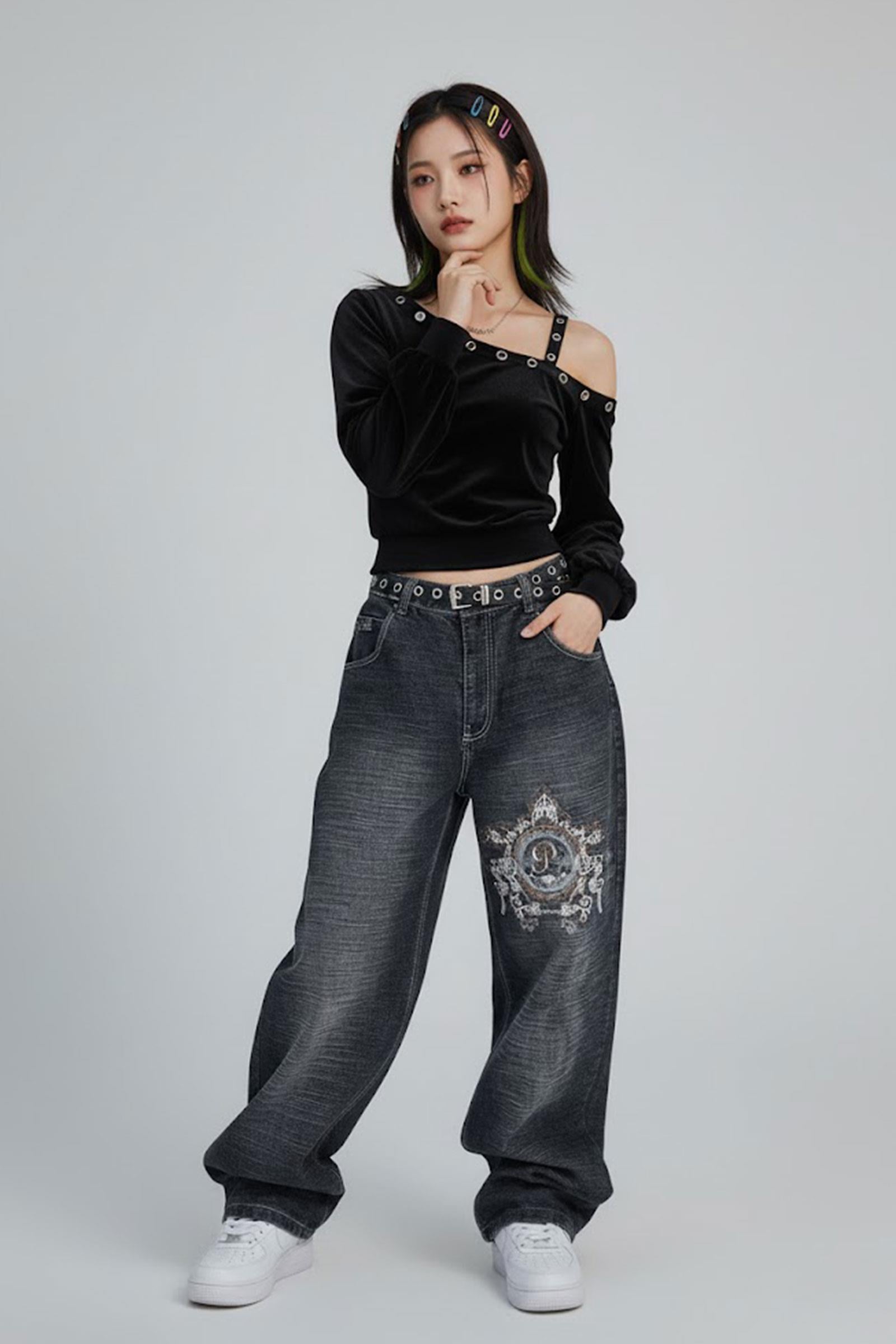 Siyah Yıkamalı P Patchli Vintage Baggy Y2K Pantolon