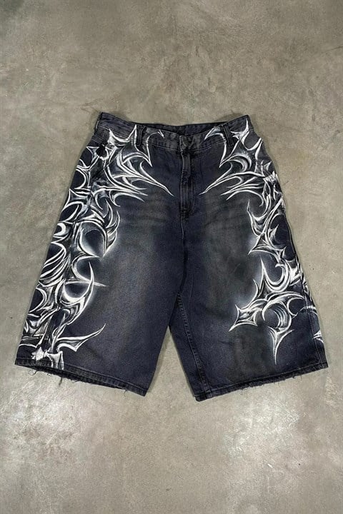 Siyah Yıkamalı Tribal Grafiti Gotik Y2K Unisex Şortolon