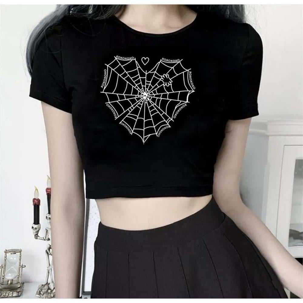 Spider Web Heart Siyah Yarım T-Shirt