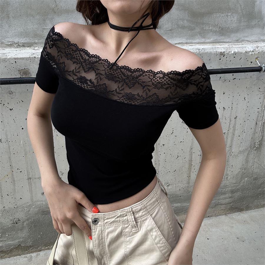 Yeni Siyah Vintage Dantelli Omuz Açık Kısa Kollu Crop 
