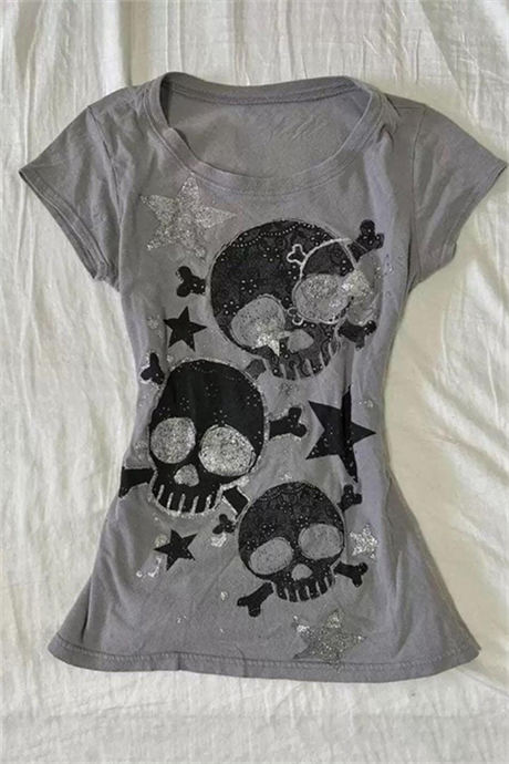 Gri Skull Yıldız Detaylı Baskılı Grunge Y2K Kısa Kollu Crop