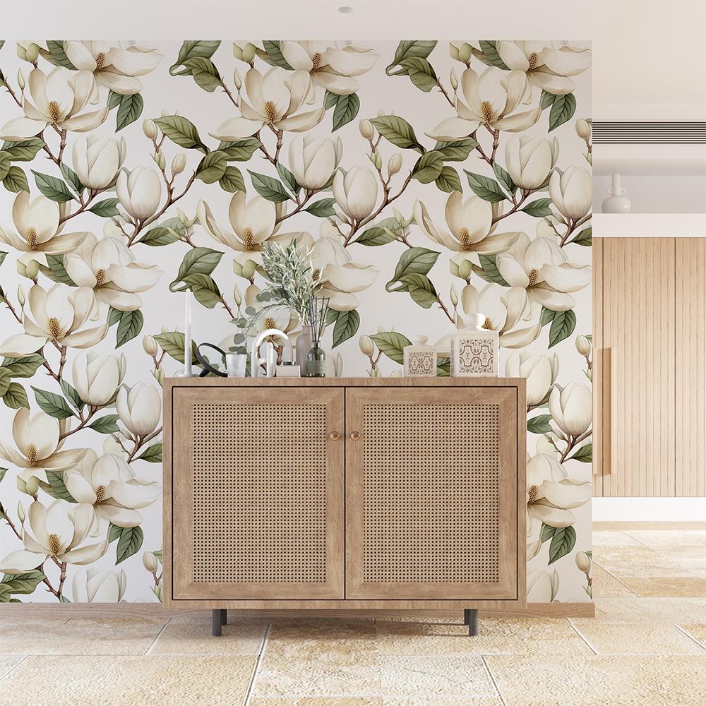 Beyaz Magnolya Desenli Duvar Kağıdı