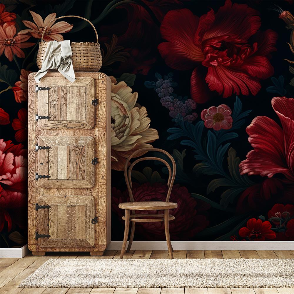 Retro Kırmızı Beyaz Çiçek Desenli Duvar Kağıdı